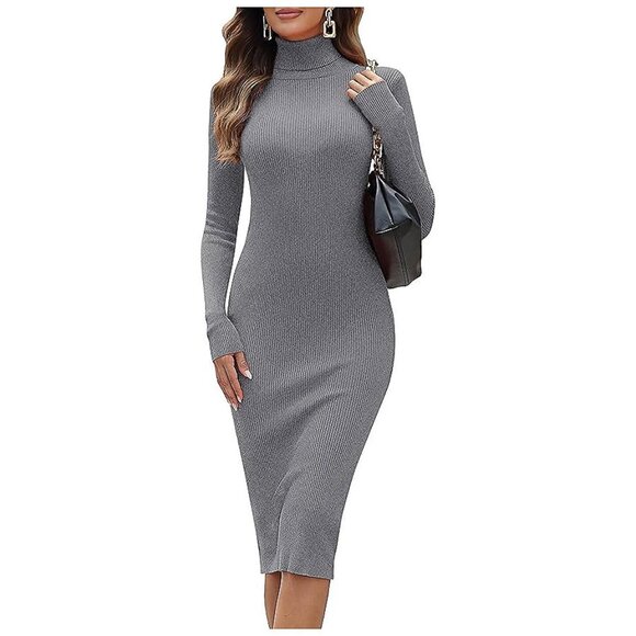 Sweaters - Women's Turtleneck Ribbed Knit Long Sleeve Slim Fit Sweater Dress Grey-141